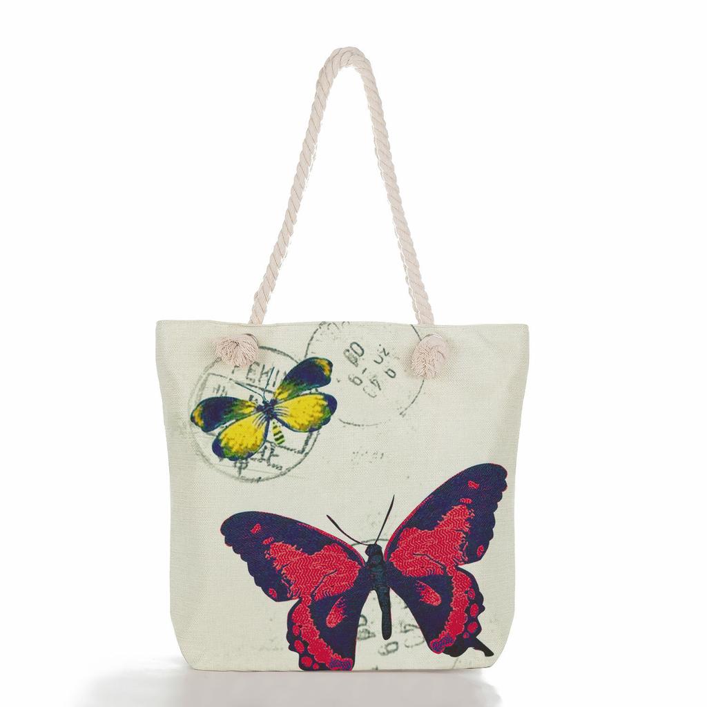Multifunctional Flowers and butterflies Printed Thick Rope Shoulder Beach Bag Casual large capacity handbag 7615 KTB