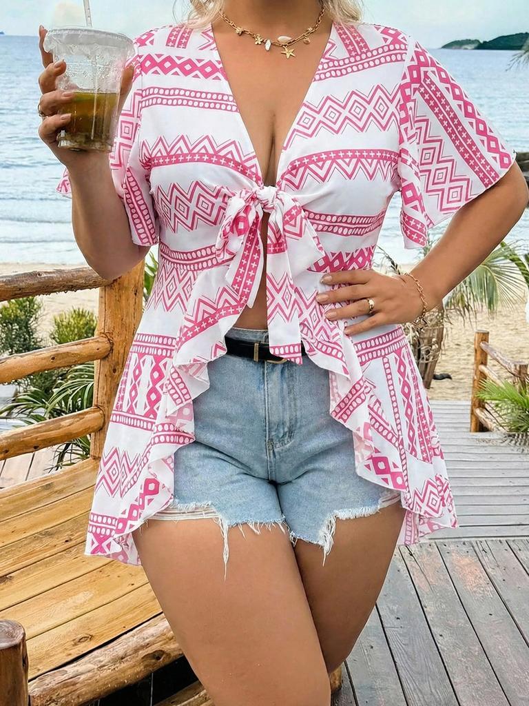 Foreign Trade Europe and America Fat Mm Vacation Sunscreen Top Pink and White Geometric Pattern Sexy Top V-neck Knotted Ruffle Edge Short Sleeve