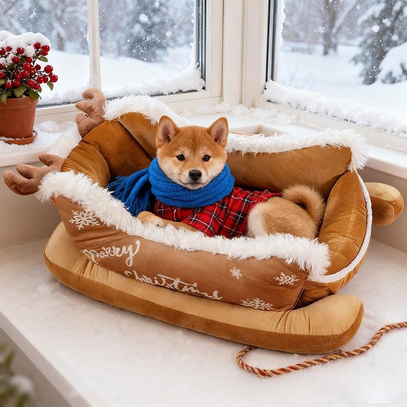 Christmas Sleigh Bed Removable Washable Plush Pet Warm Sofa with Non-Slip Base Christmas Cat Dog Nest for Winter Indoor Outdoor
