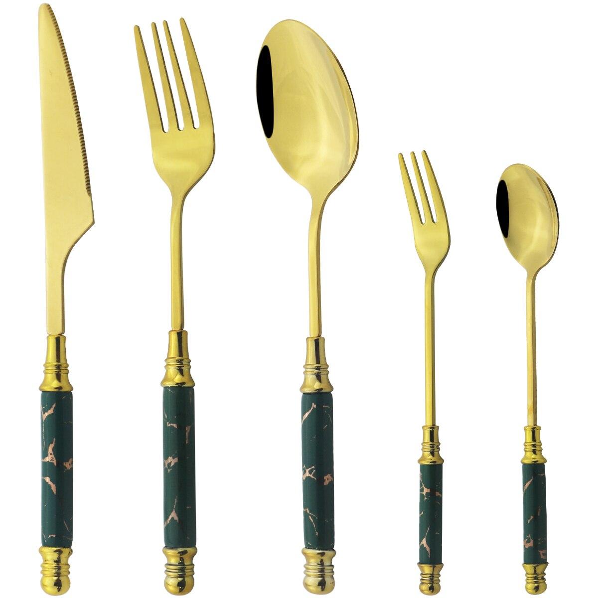 

5 шт., набор столовых приборов из черного золота, винтажная керамическая посуда, столовая посуда из нержавеющей стали, нож, вилка для торта, чайная ложка, домашний набор столового серебра зелёный/золотой