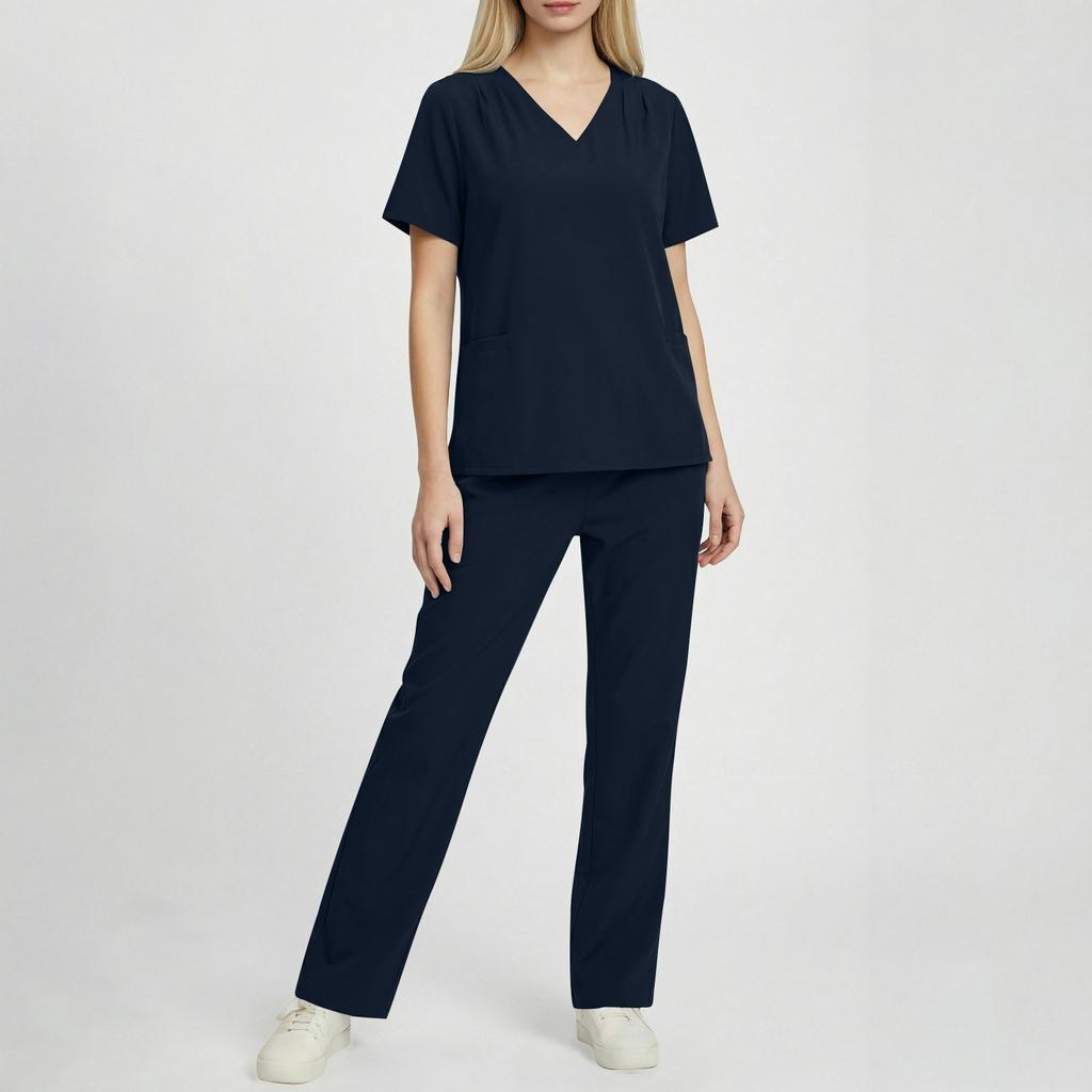 Mode Femme - Ensemble de Travail à Manches Courtes et Col en V de Couleur avec Poche