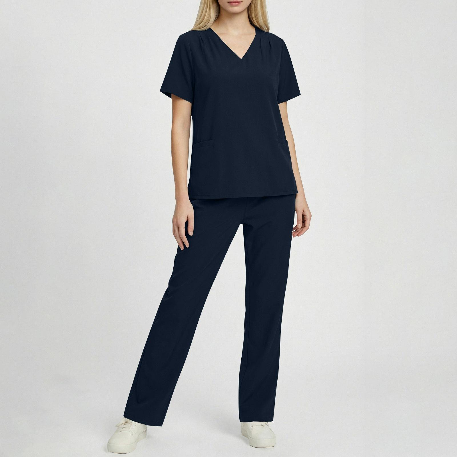 

Women s Fashion -Color Short-Sleeve V-Neck Workwear Set With Pocket M Темно-синій