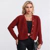 Womens V-Neck Knit Cardigan Sweater With Cable Twist Detail Thick Wool Blend Warm Outerwear