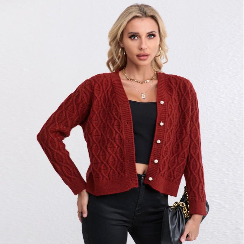 Womens V-Neck Knit Cardigan Sweater With Cable Twist Detail Thick Wool Blend Warm Outerwear