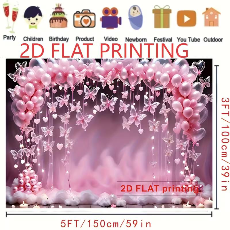 2D Pink Butterfly Balloon Backdrop, Fairy Girl Birthday Party Photography Background