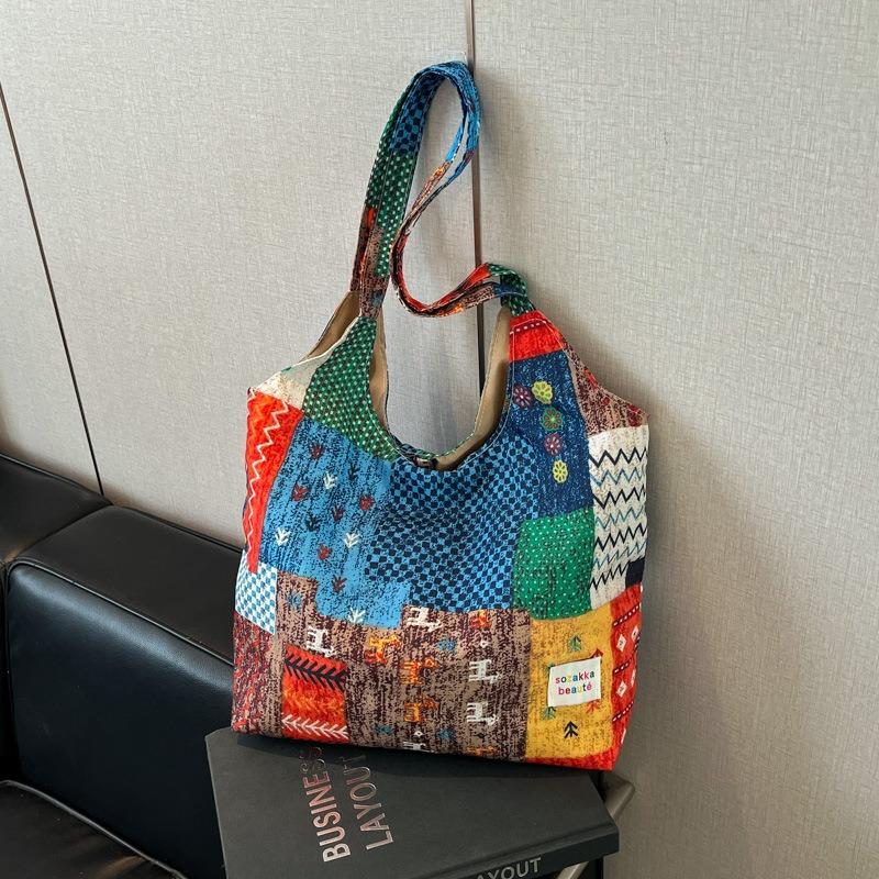 Bag Women's Large-capacity New Contrasting Color Shoulder Bag College Student Class Tote Bag