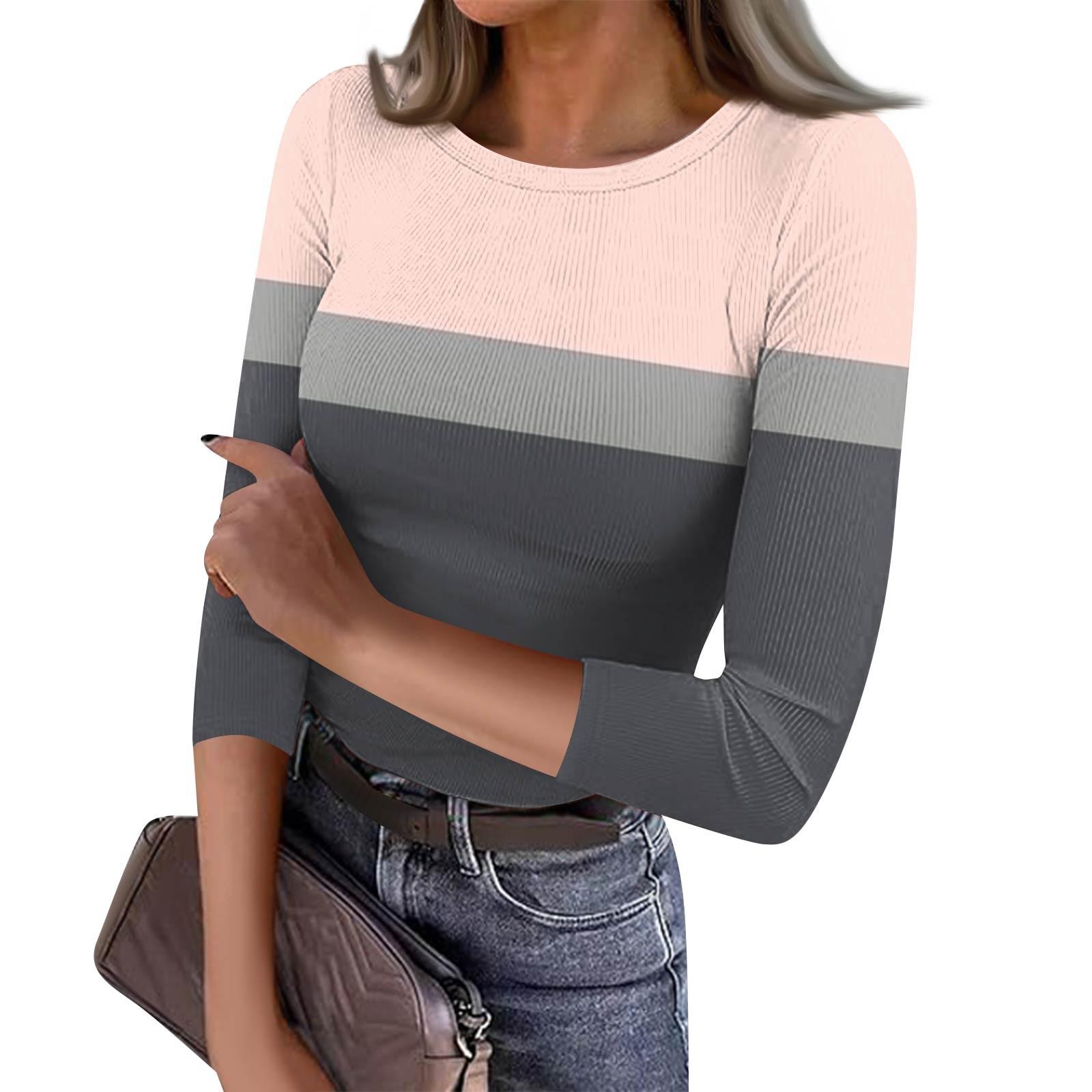 

Женская футболка с зауженным низом, модная повседневная полосатая напечатанная круглая горловина, пуловер, топ с семью рукавами S розовый