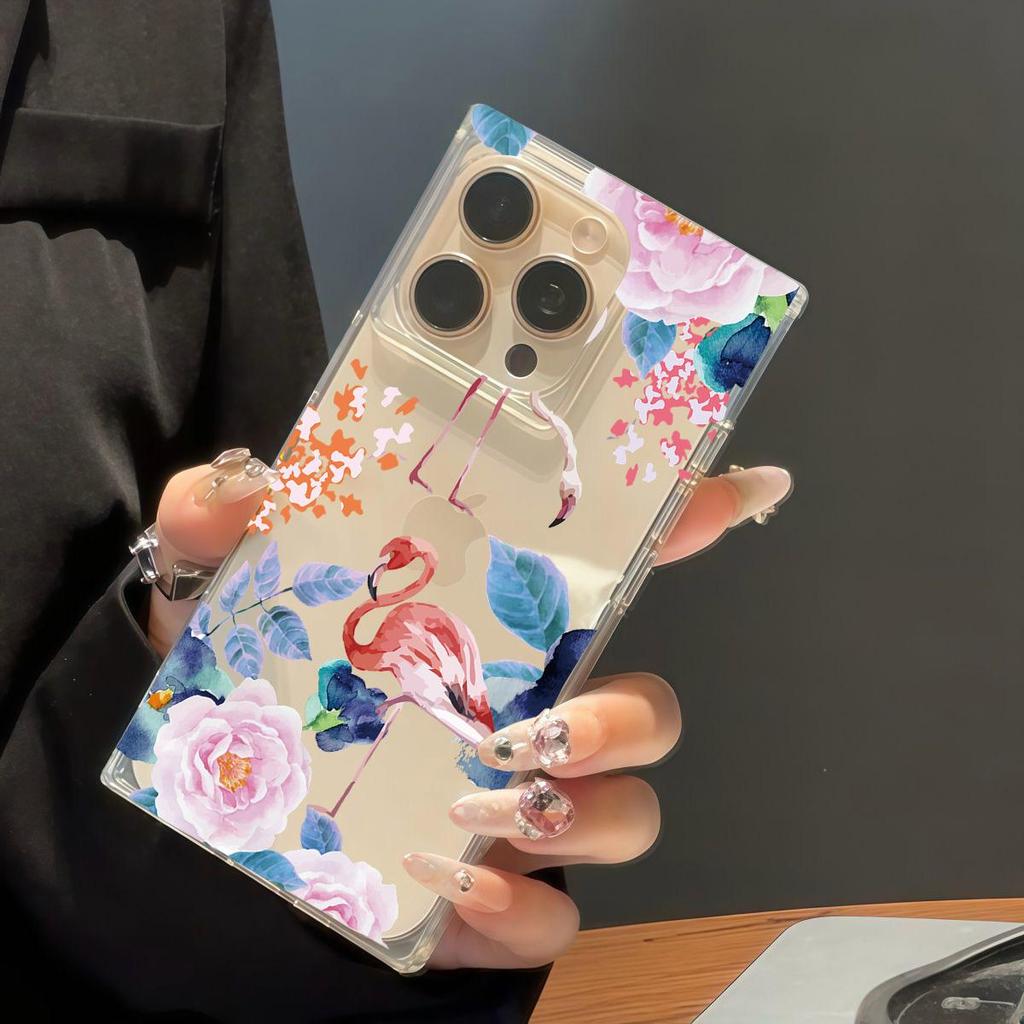 Clear Square Back Tube Case Protection For iPhone 12 16 ProMax 15 Plus 13 14 Pro Max 11 Anti-Oxygen,Flamingo Pattern Casing