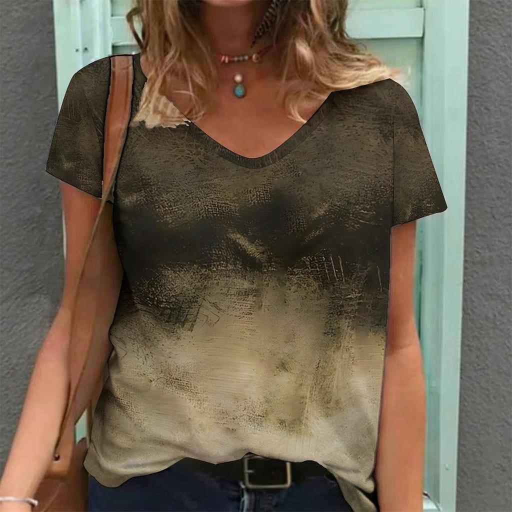 Women Print V Neck Short Sleeve Casual Loose Tunic Tops