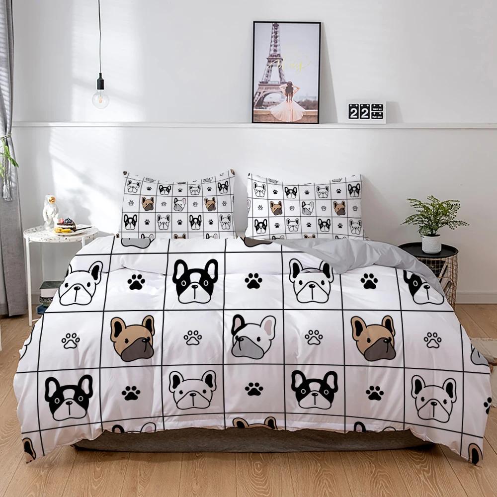 3D Hund Sengetøy Sett Søt Fransk Bulldog Valp Dynetrekk Sett Tegneserie Sengeoverkast Kjæledyr Dyr Hjemmetekstiler Queen 2/3 stk King Full