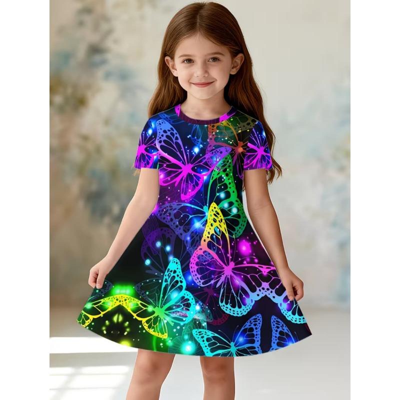 Dress for Girls Sequin Butterfly 3D Printed Short Sleeve Dress Summer Loose Girls' Casual Dress Round Neck Hot Sale Girl Clothes