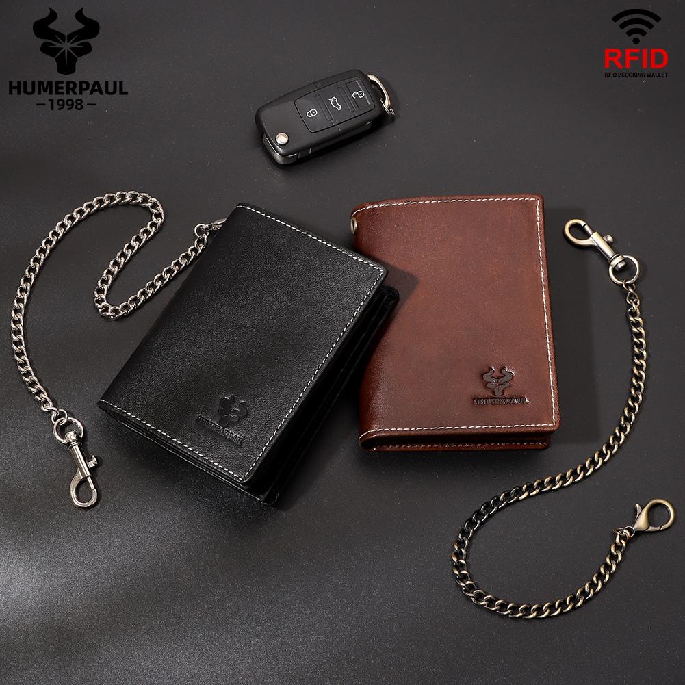 Humerpaul Συσκευασία συσκευασίας δώρου Γνήσιο δέρμα Ανδρικό πορτοφόλι Rfid brush slim card bag Αντικλεπτική αλυσίδα