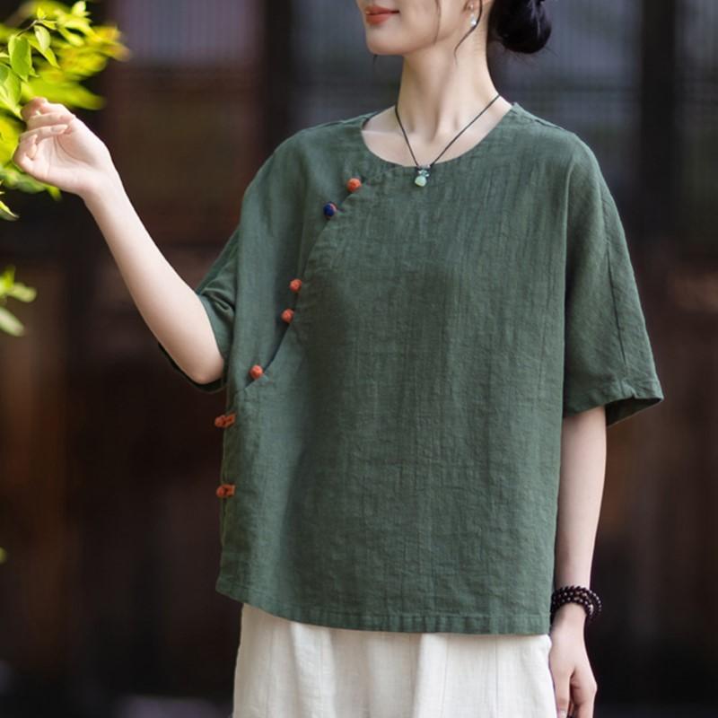 Johnature Women Vintage Shirts Summer Chinese Style Solid Color O-Neck Short Sleeve Button Female Tops