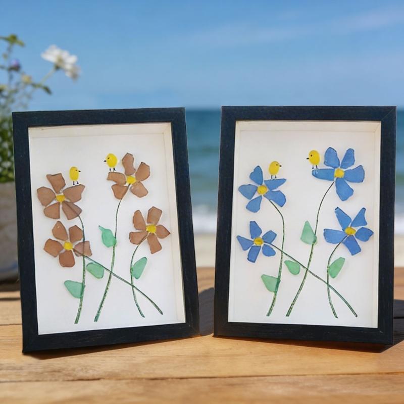 Handmade Sea Glass Art Frame Table Decors Forget Me Not Flower Birds Sea Glass Table Art Decors Gift for Friend