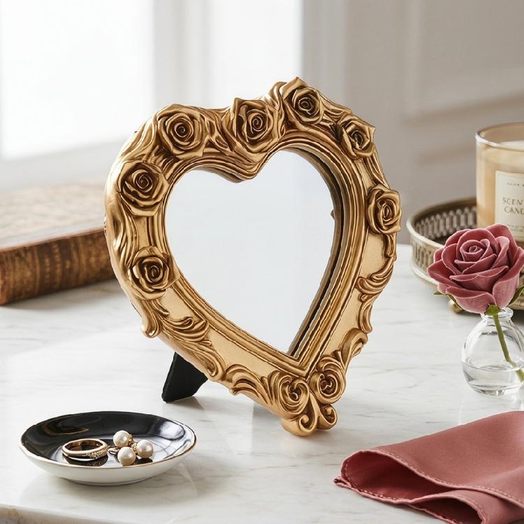 Heart Makeup Mirror Vanity Countertop Mirror with Rose Border and Back Stand for Dressers, Bedroom Shelf, and Daily Grooming
