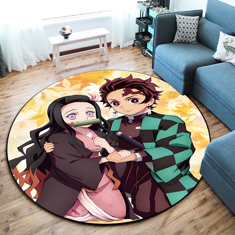 Classic Japanese-style Cartoon Demon Slayer Round Rug, Home Soft Decorative Anti-slip Yoga Mat and Chair Mat, Outdoor Floor Mat Carpet K13