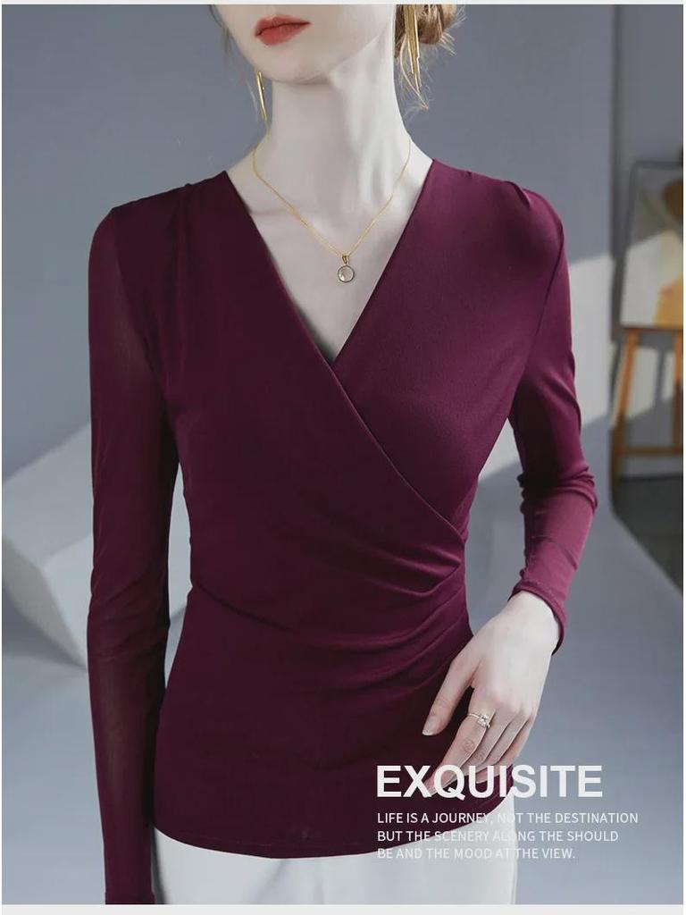 Frühjahr & Herbst 2025 Damen-Plissee-Top mit V-Ausschnitt