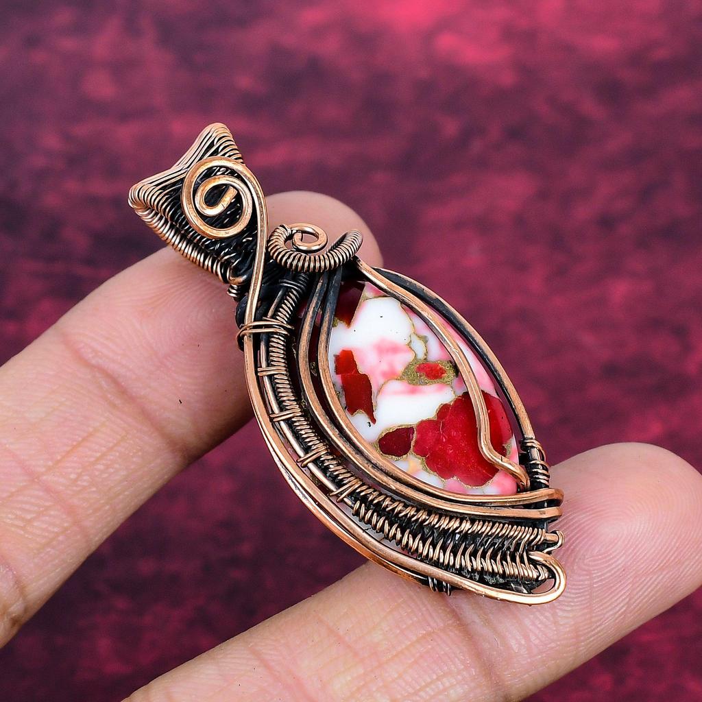Kingman Red Mohave Copper Turquoise Gemstone Pendant Copper Wire Wrapped Pendant