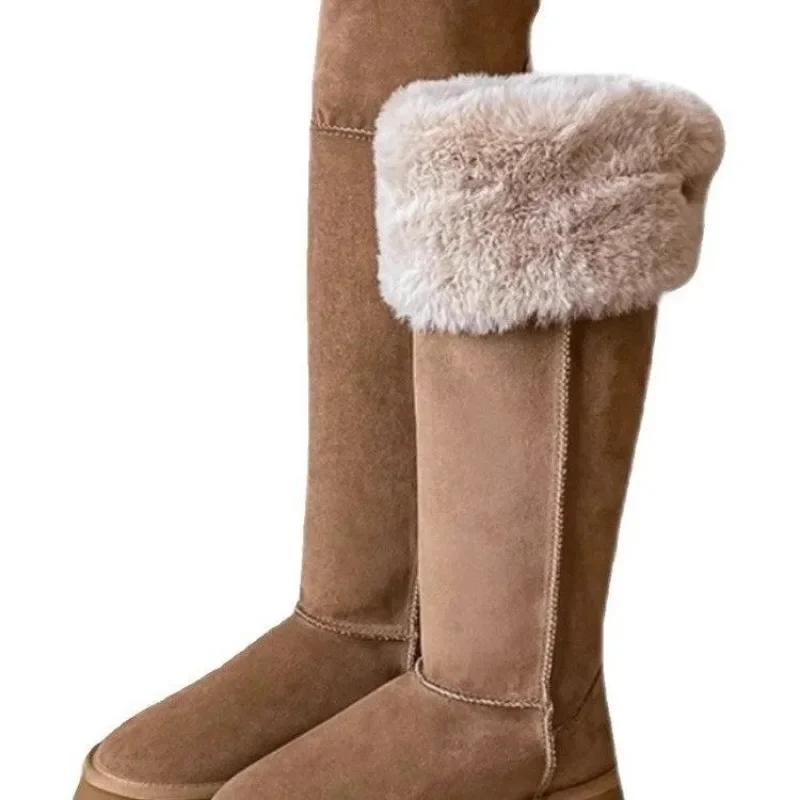 Turned-over Edge Knee-high Snow Boots Flat with Slip-on Ladies Shoes 2025 High Quality Round Toe Mid Heel Concise Women's Boots
