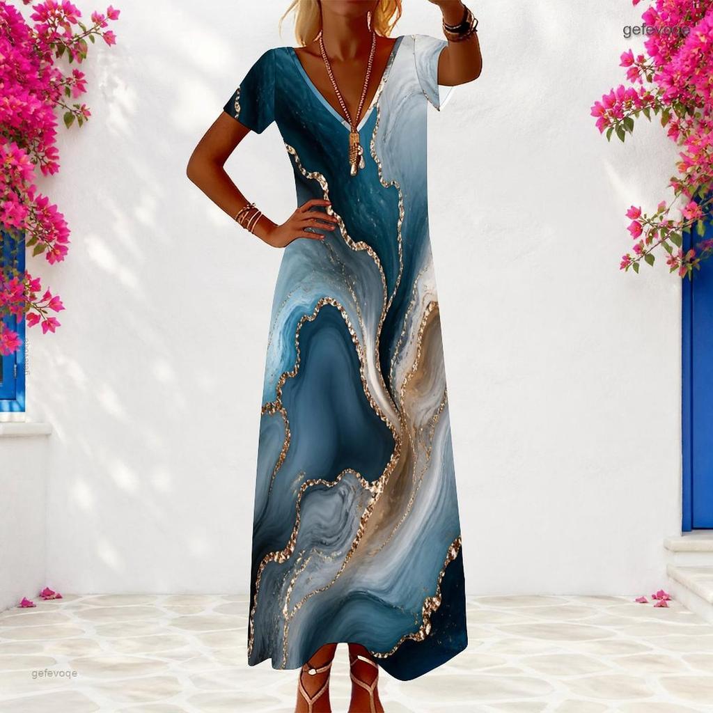 Women Plus Size V Neck Short Sleeve Light Blue Printed Maxi Dress