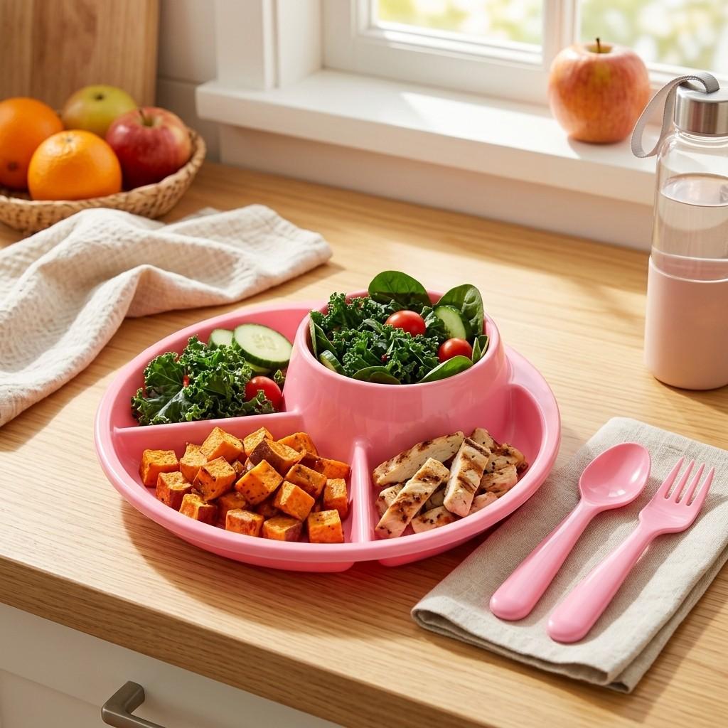Portion Control Divided Plates for Adults Kids Student Reusable Plastic Food Plate Tableware with Utensils Microwave Safe
