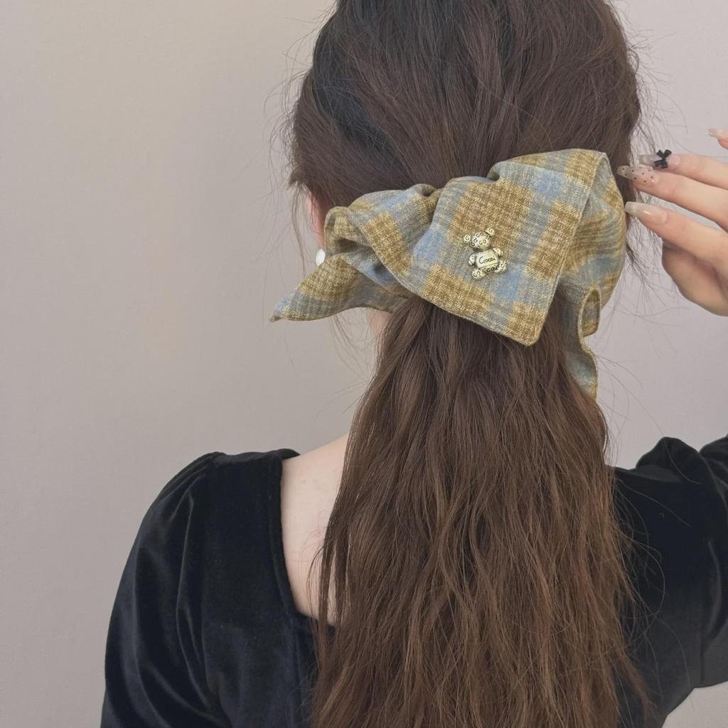 Korean Style Bear Plaid Scarf Hair Band & Ponytail Hair Tie Set