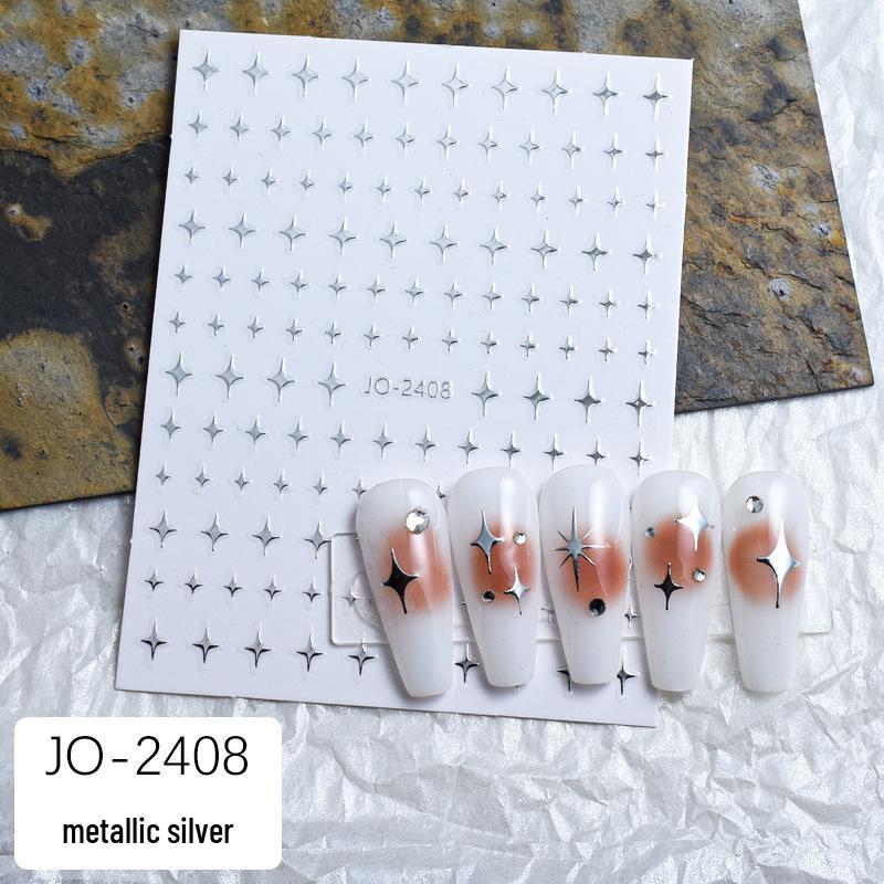 3D Silver Metal Nail Stickers: Heart, Starburst, Moon, Mirror, Cross