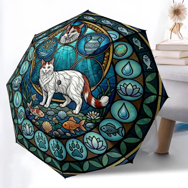 Aquatic Cat Mandala Pattern Umbrella, Portable and Foldable Design, 8 Ribs, a Casual Accessory for Halloween, Christmas, and Birthday Gifts.