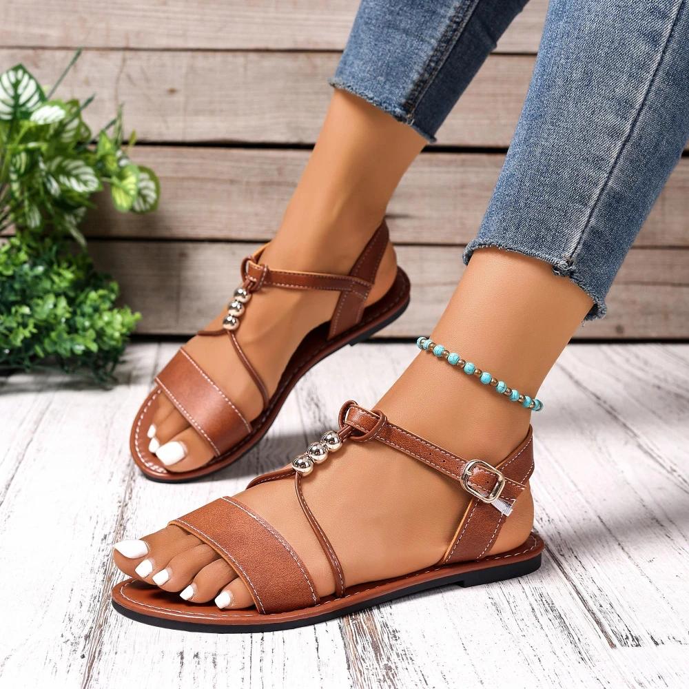

Fashion 2025 New Style Round Toe Flat Sandals Summer Fashion Solid Color Round Head Ankle Buckle Comfortable Casual Sandals for Women 36