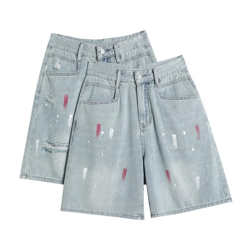 Graffiti Oil Color Straight-leg Denim Leisure Shorts for Women In Summer Updated High-waist Slimming Design Comfortable Fit Wide-leg Five-point Pants
