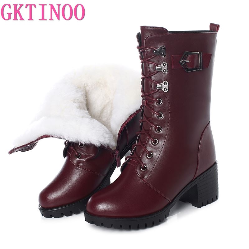 Fashion GKTINOO Boots Women Genuine Leather High-heeled Large Size Motorcycle Boots Women New Wool Warm Winter Boots for Women