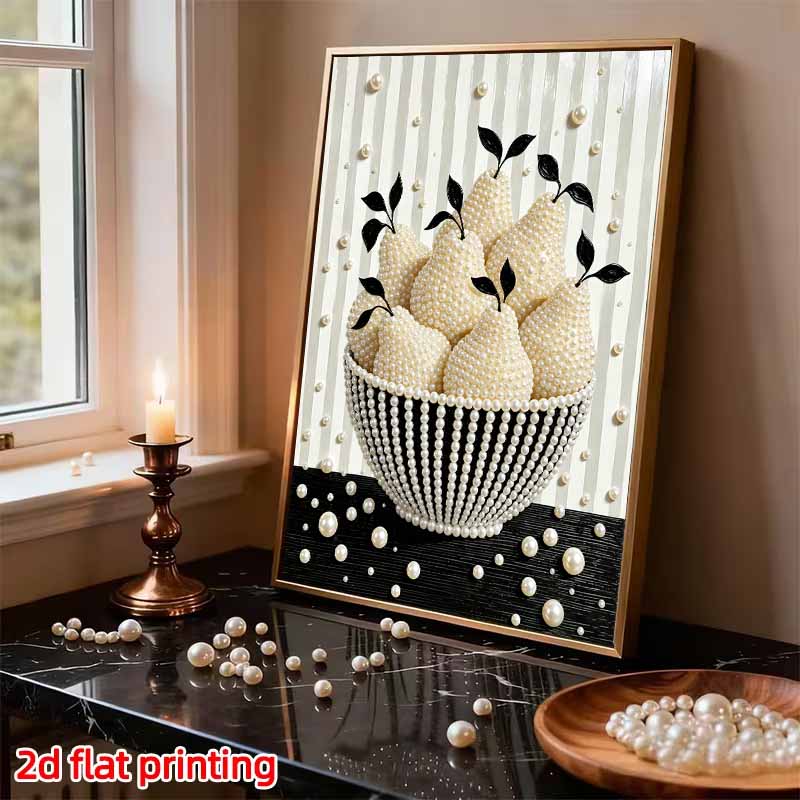 Unique 5D Framed Pearl Painting Kit with White Pear Fruit Bowl Pattern Sparkling Bead Art Canvas DIY Handmade Craft for Living Room Decor