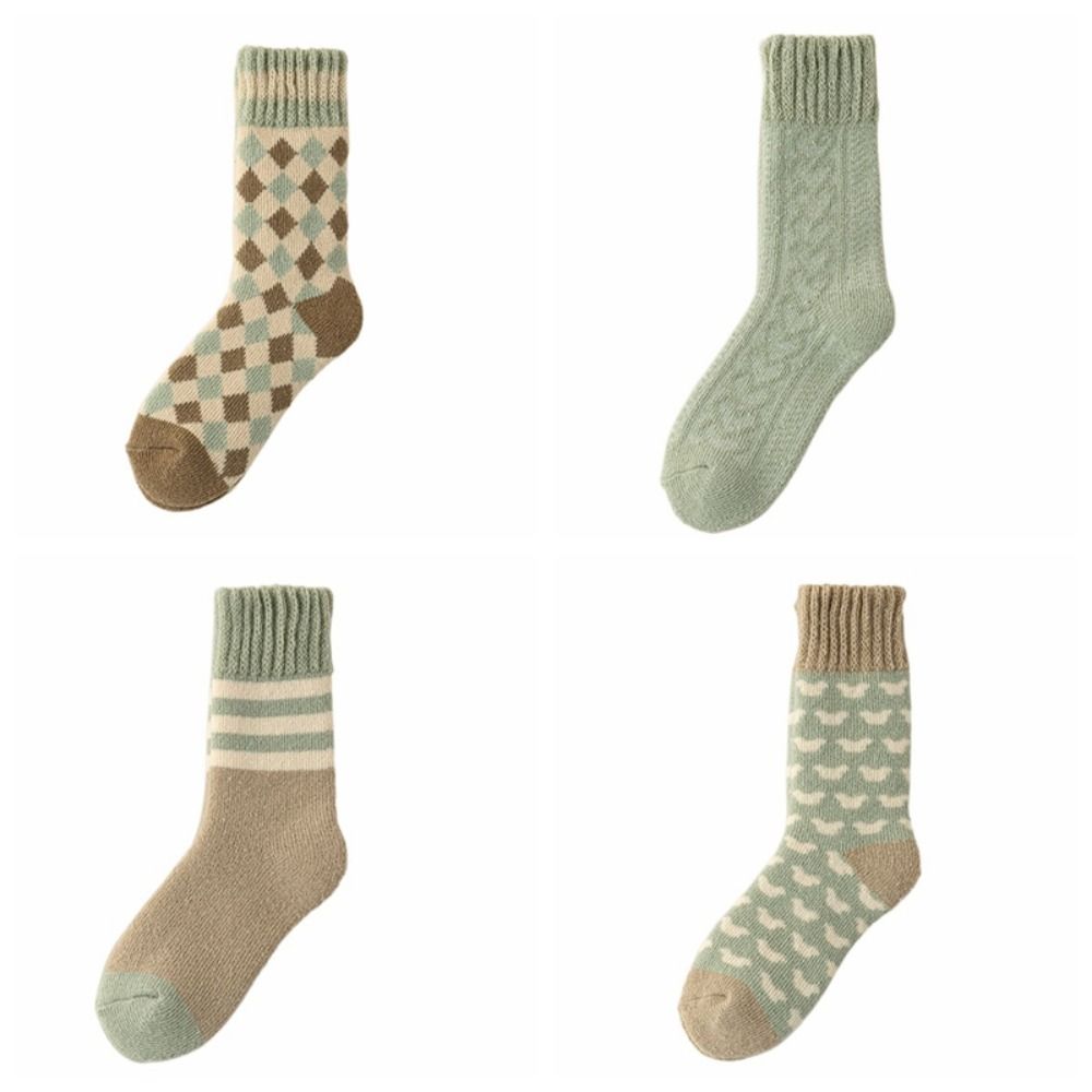 4Pairs Soft Stripe Grid Thickened Socks Sleeping Winter Floor Plush Socks Mid-tube Hosiery Warm Socks Women Autumn