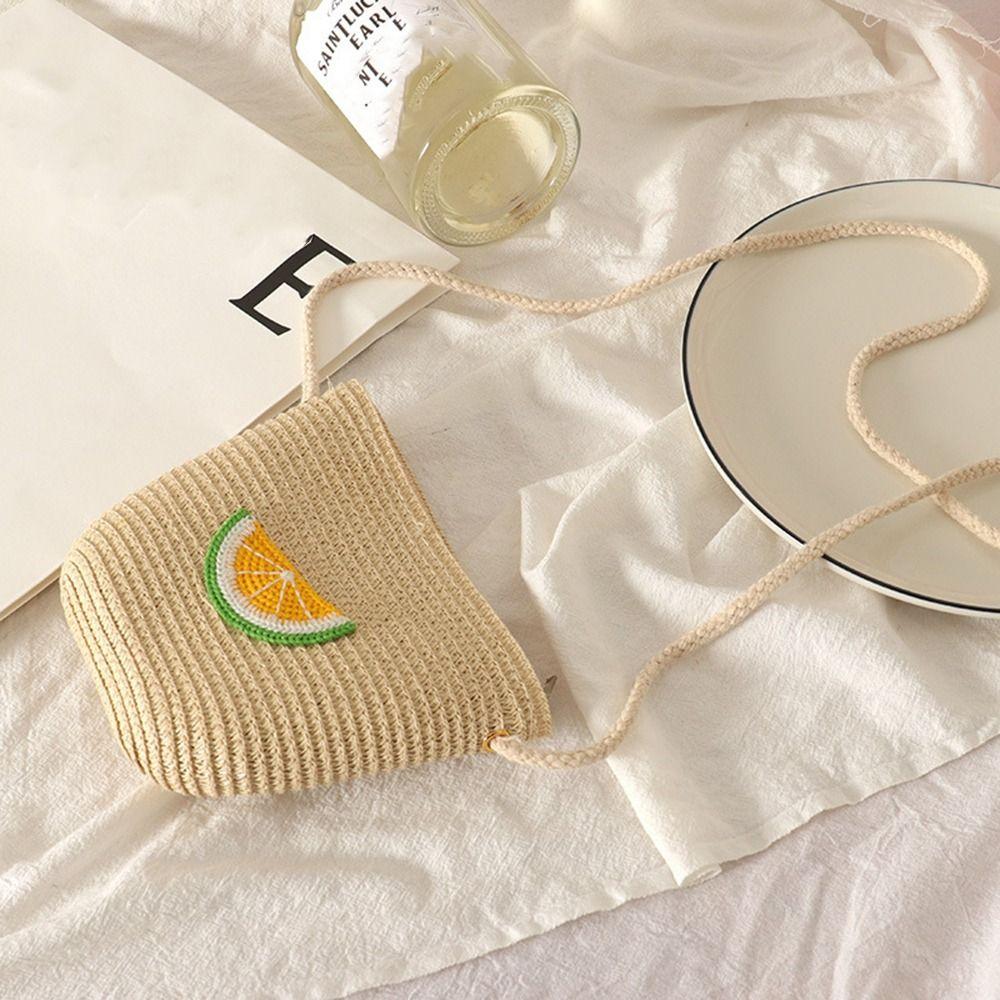 Children's Straw Beach Bag Cute Heart Pattern Shoulder Bag Straw Crossbody Bag Handbag Baby Coin Purse