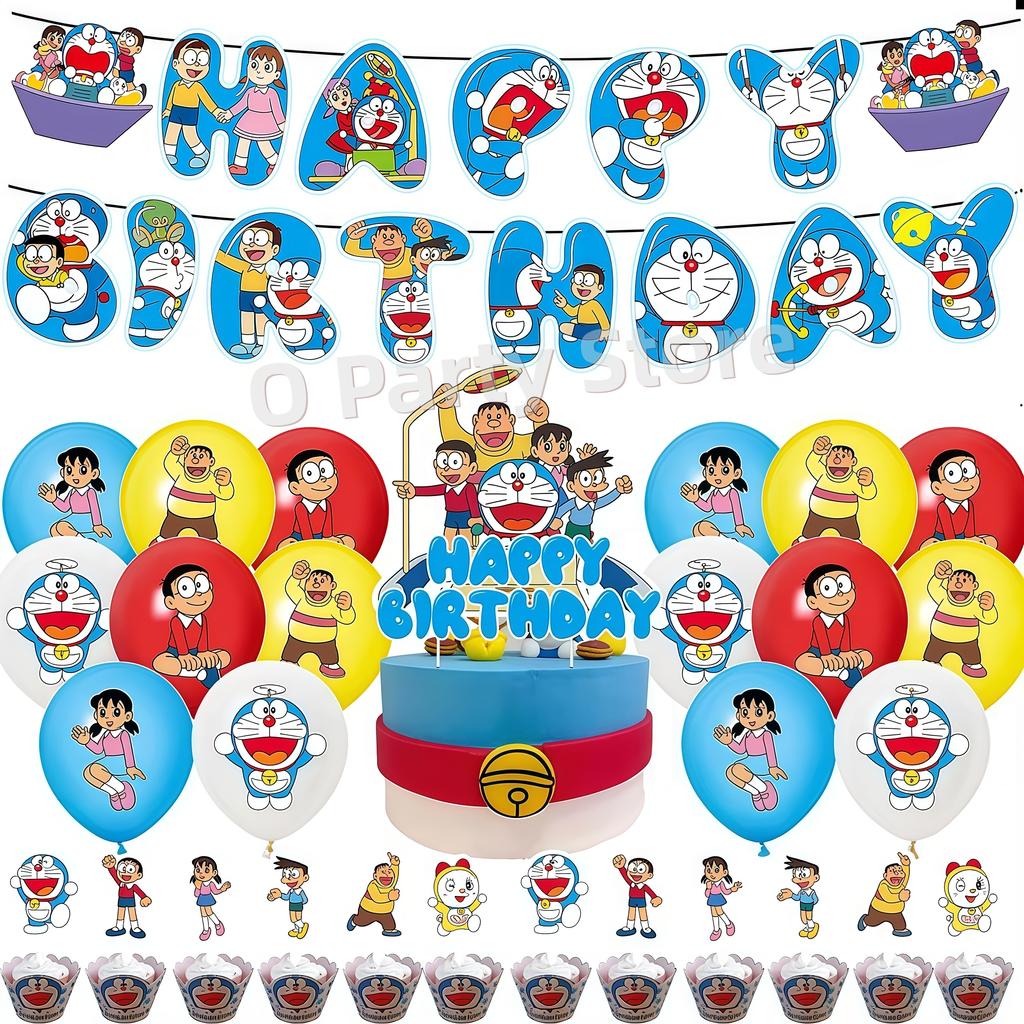 Doraemons Birthday Party Decoration Tableware Plate Cup Balloon Cake Topper Banner Stickers Kids Favor Gift Baby Shower Supplies