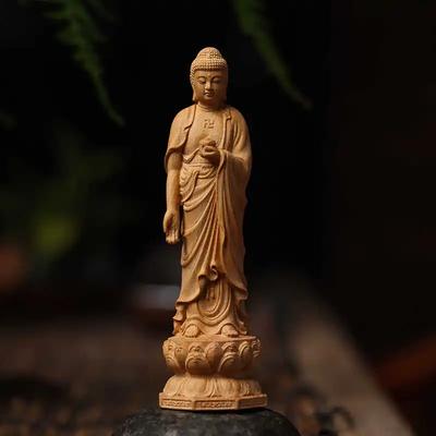 Cliff Cypress Wood Carving Statue of Shakyamuni Buddha Wood Engrave Wooden Sculpture Home Crafts Ornaments Decoration
