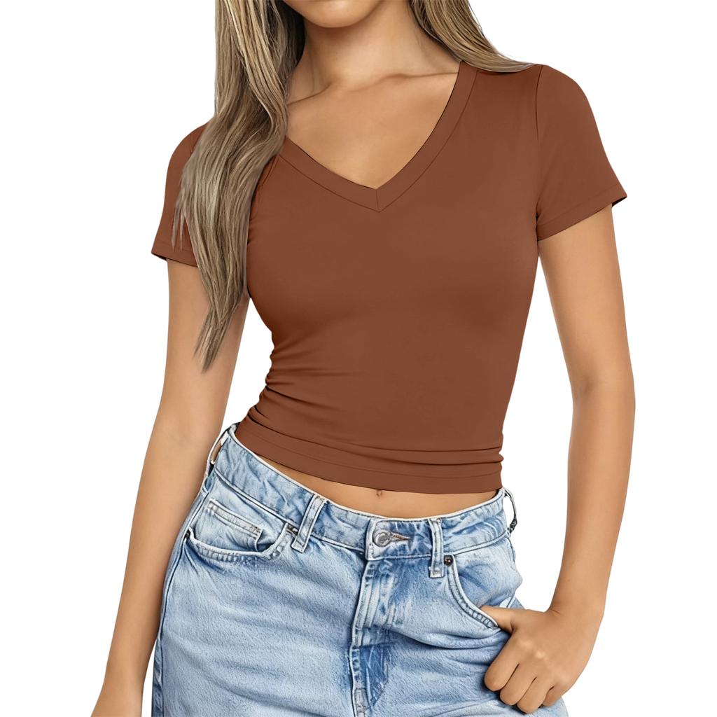 Women V Neck Fitted Short Sleeve Top Milk Silk Fabric Solid Basic Stretchy Lightweight Soft T Shirt for Daily Wear