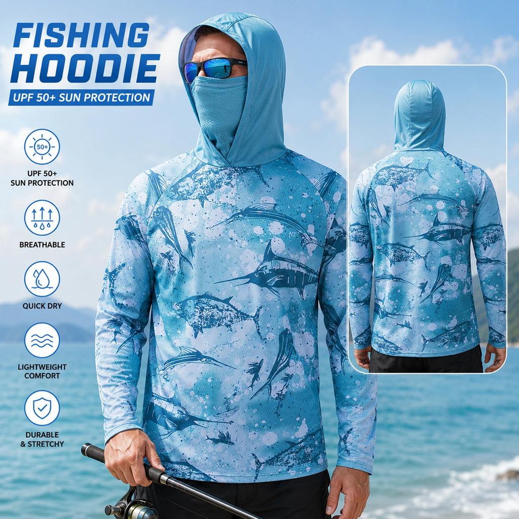 Fishing Shirt Hooded Men Fishing Clothes Outdoor Summer Mask Hoodie Sun Uv Protection Performance Jersey