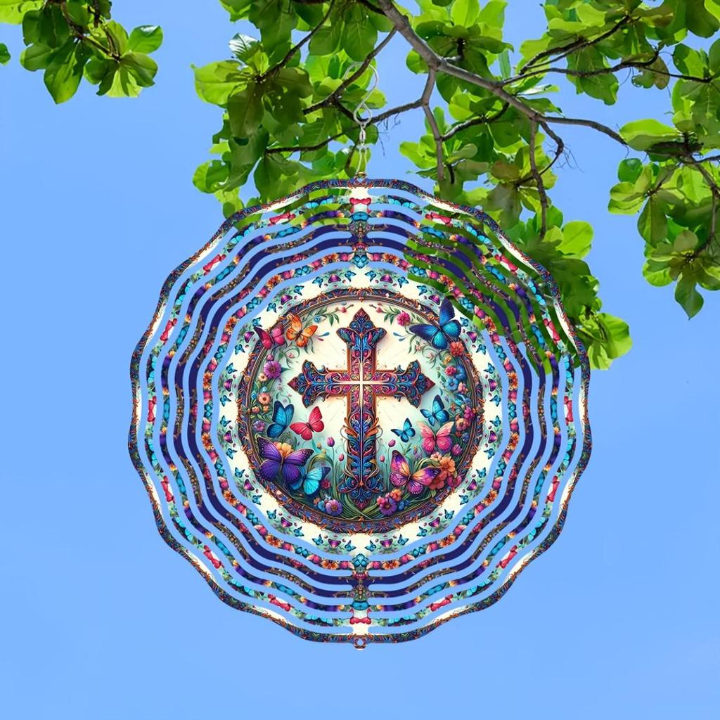Butterfly Cross Wind Spinner 2D Laser Cut Metal Garden Decor with Floral Design 360 Rotating Hook for Indoor Outdoor Housewarming Gift