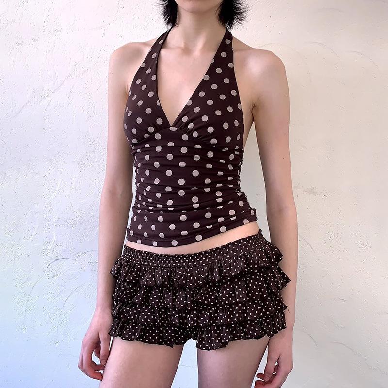 Halter V-Ausschnitt Weste Damen Y2K Schnürung Rückenfrei Polka Dot Print Skinny Sommer Mode Täglich Straße Basic Tanktops