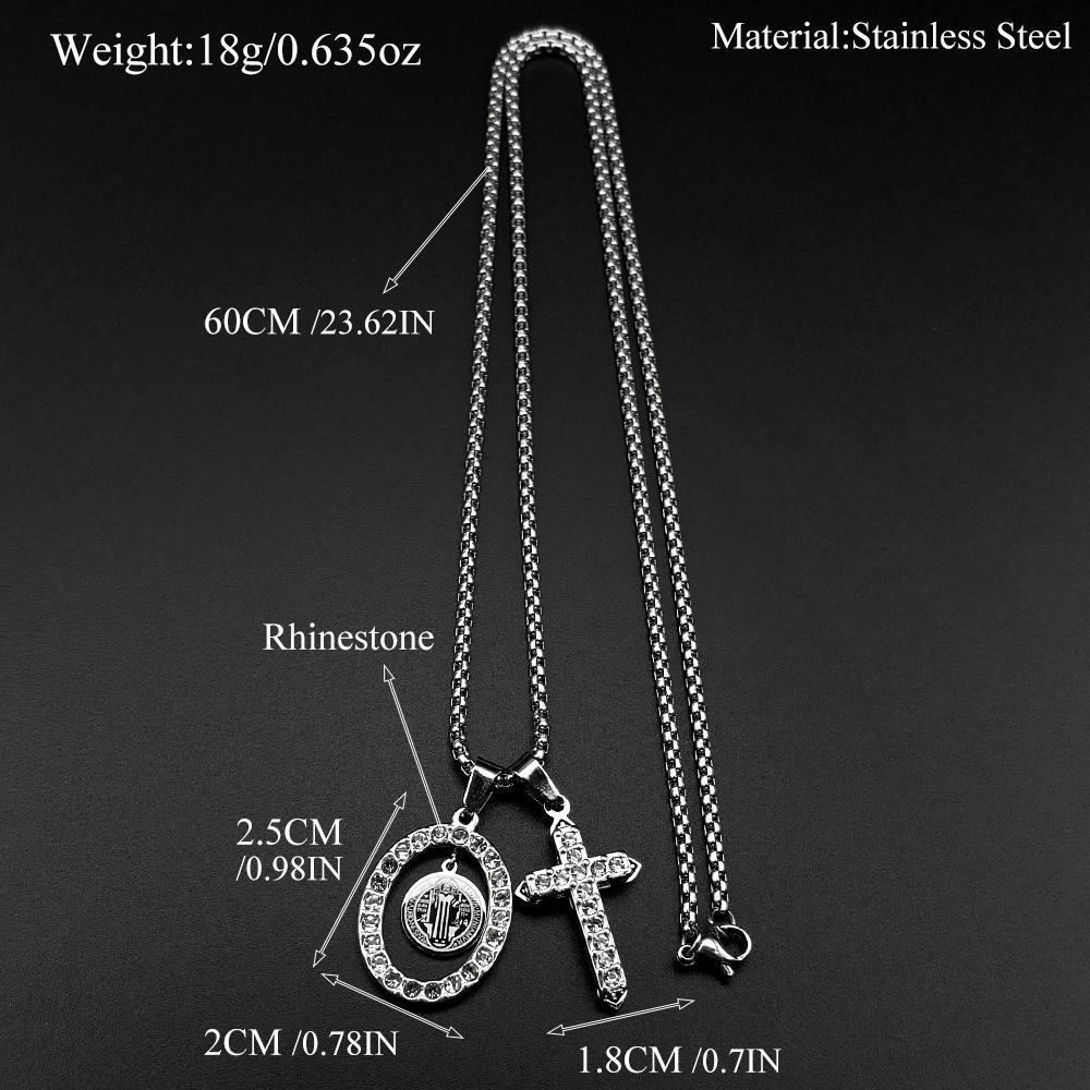 Collana Pendente Croce Medaglia di San Benedetto con Strass Cattolica per Donne Uomini Acciaio Inossidabile Colore Oro Catena Talismano Gioielli