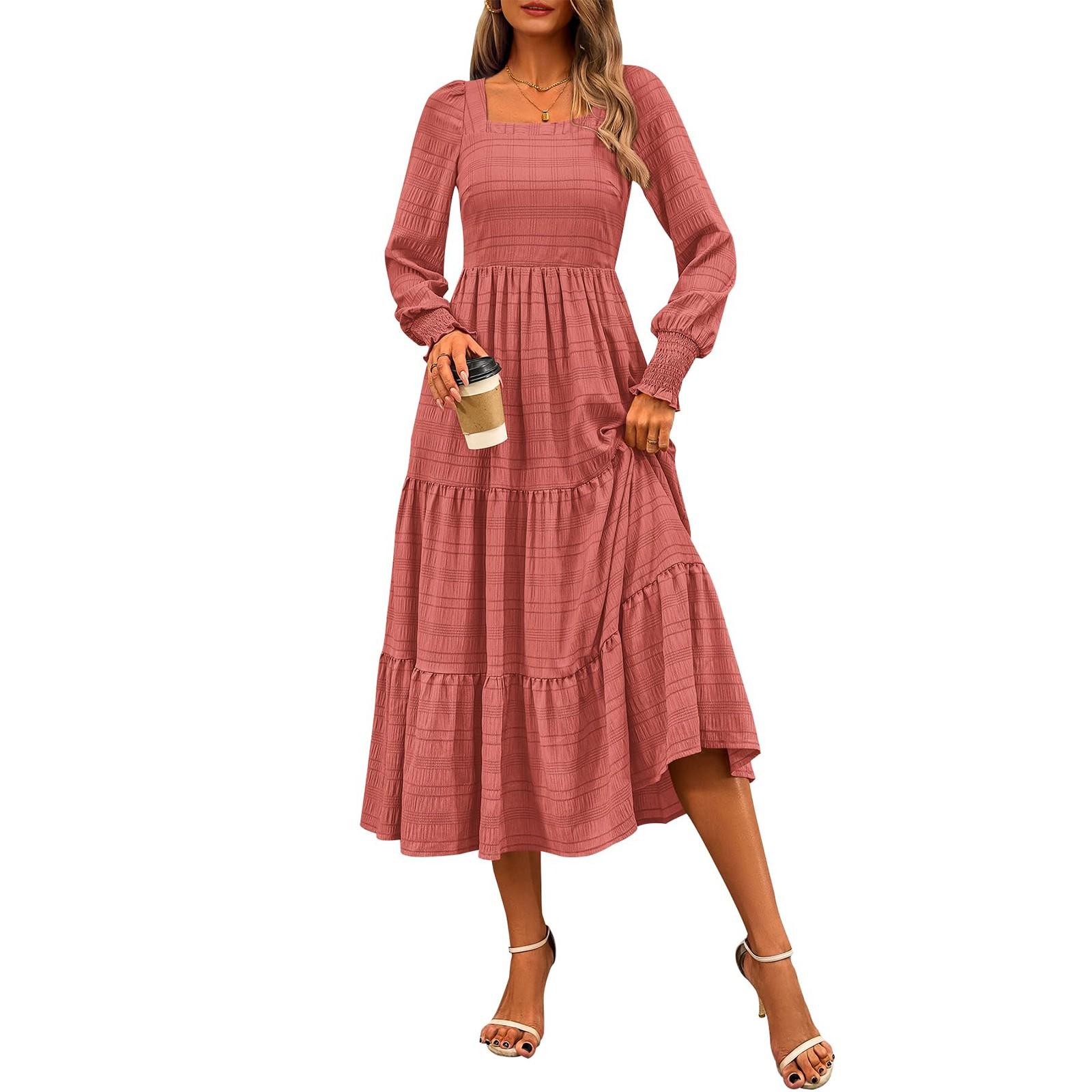 

Women s Fashion Casual Solid Color Square Neck Long Sleeve Dress XL