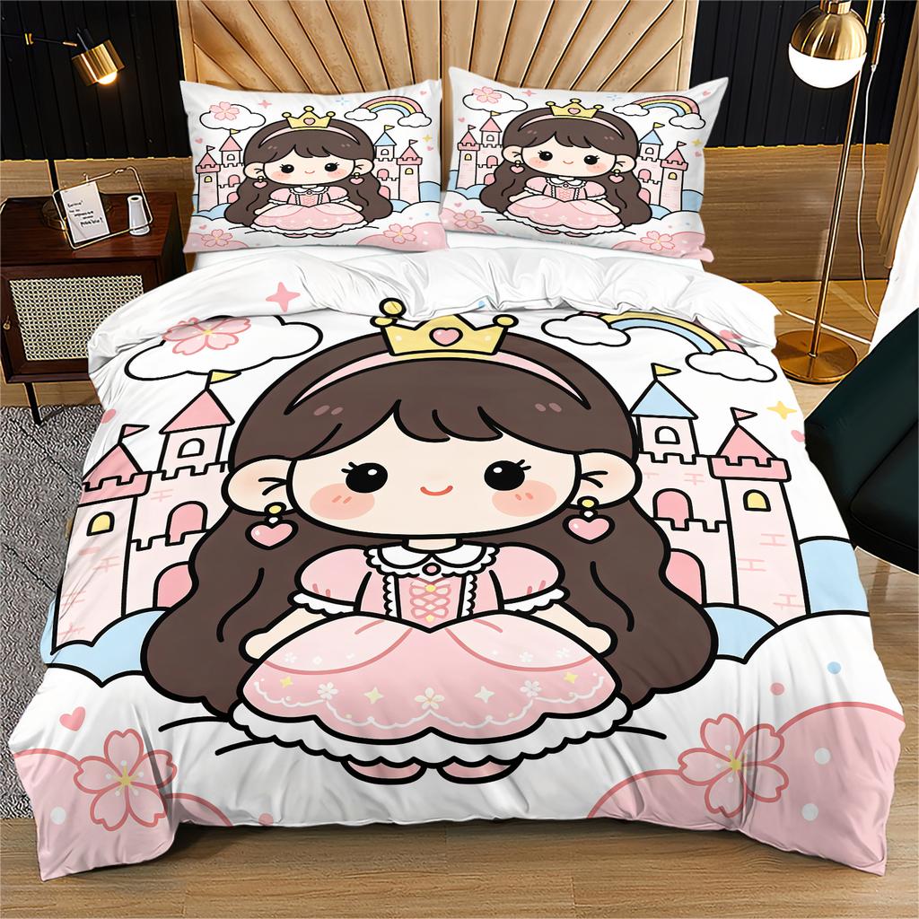 Pink Cartoon Princess Castle Floral Duvet Cover Set Comforter Cover Bedding Set No Filler HD Print Soft Bedroom Bed Cover