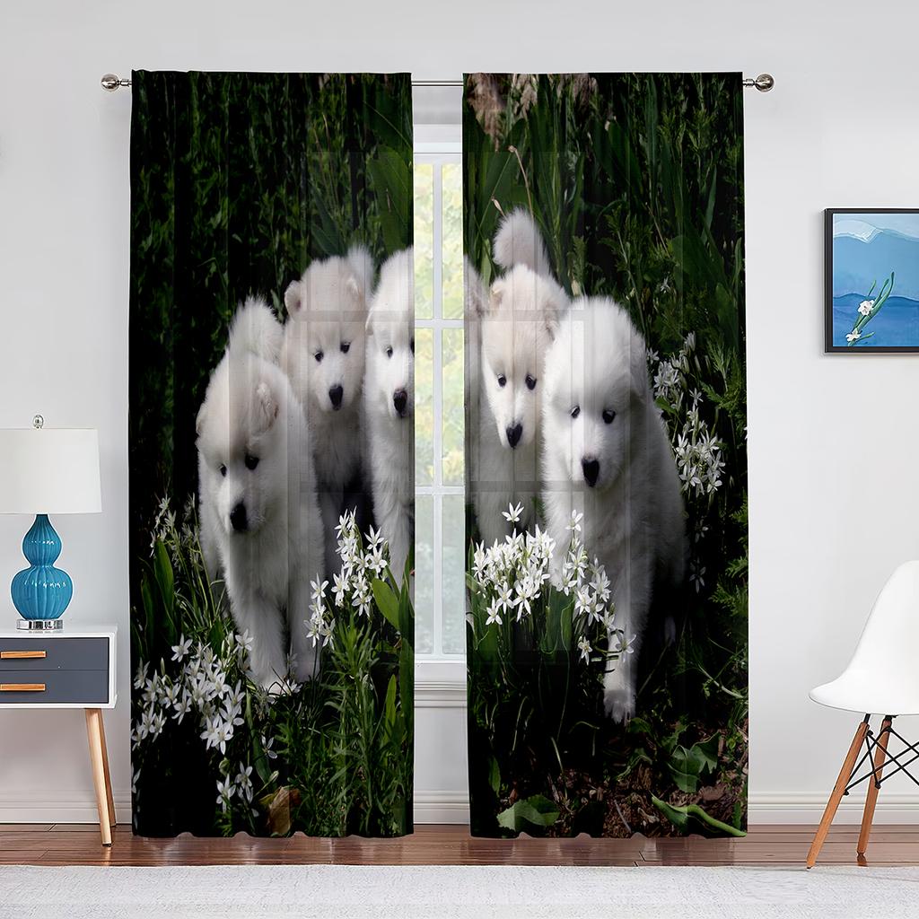 Doi Câini Samoyed Drăguți în Zăpadă Perdele Tulle pentru Decor Living Dormitor Bucătărie Perdea Voal Transparent Modern Draperii Fereastră
