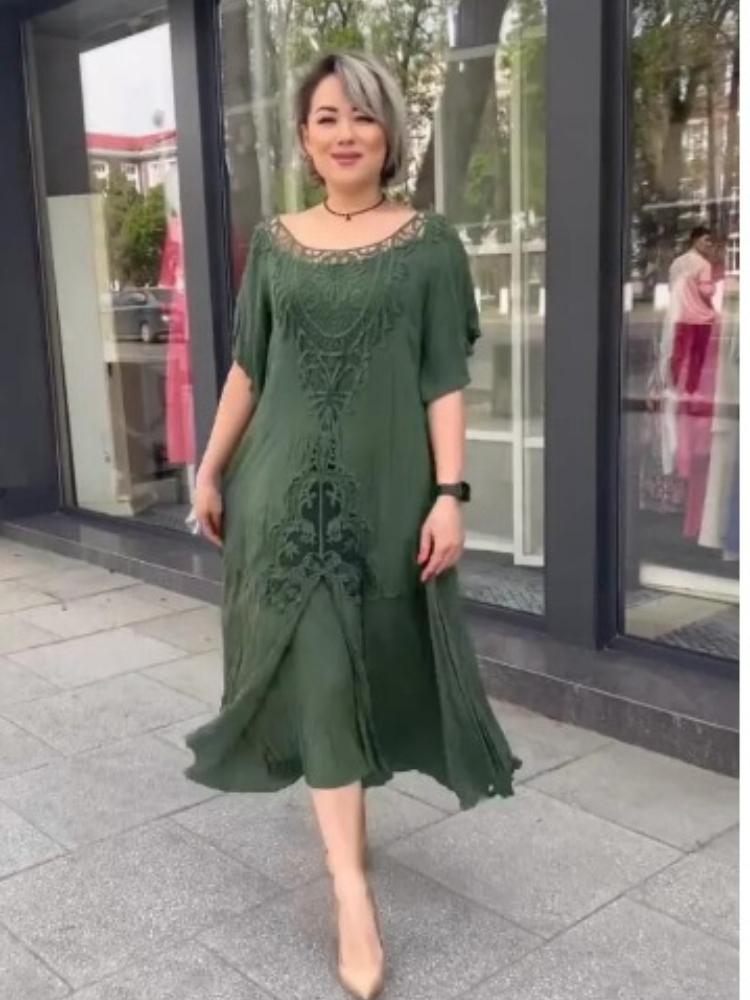 

Жіноча легка жовта сукня з мереживною обробкою, з круглим вирізом та коротким рукавом, повсякденна літня сукня 4XL зелений