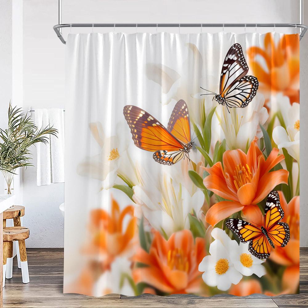 Colorful Butterflies Floral Shower Curtain Flowers Plants Blooming Blossom Bathroom Decorations Polyester Bath Curtain With Hook