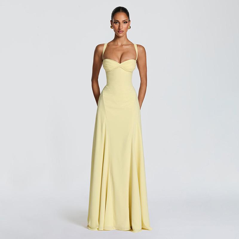 2026 Europäischer & Amerikanischer Stil Sexy Ärmelloses Sommerkleid mit Kreuzgurt am Rücken M helle gelbe