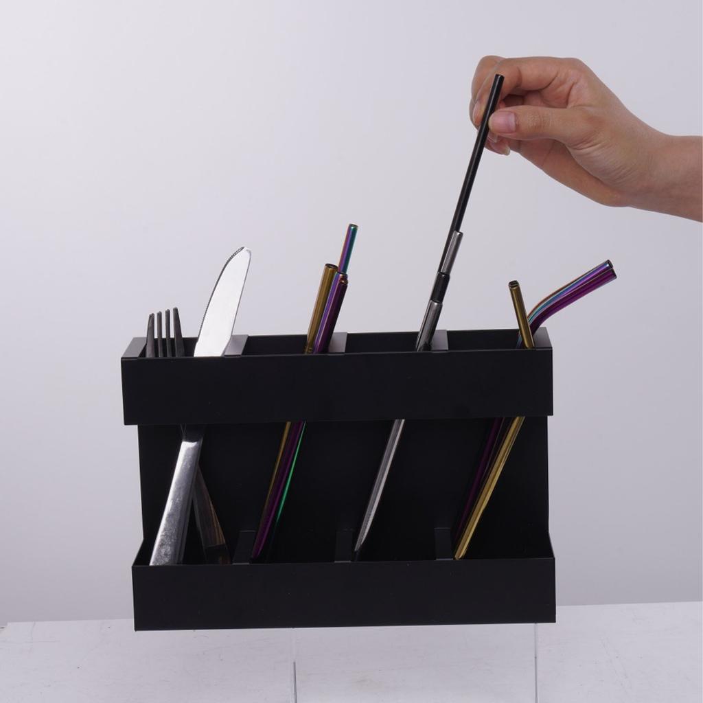 Straw Holder Chopstick Organizer 4 Compartments Straw Dispenser with Double Sided Adhesive Tape Label Stickers for Kitchen Counter