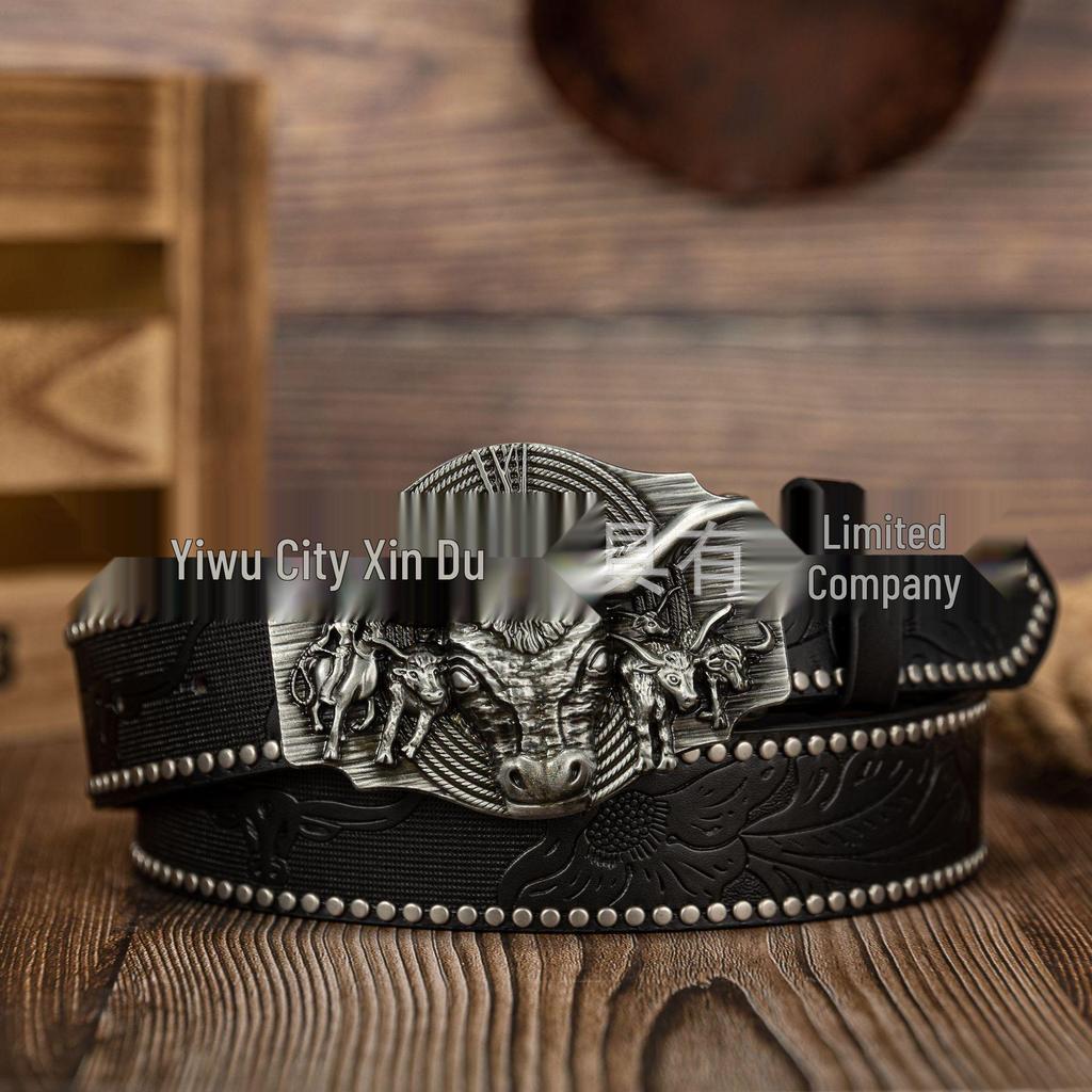 Cinturón de aleación de zinc con cabeza de toro en relieve de estilo western vaquero para hombre con correa de cuero PU