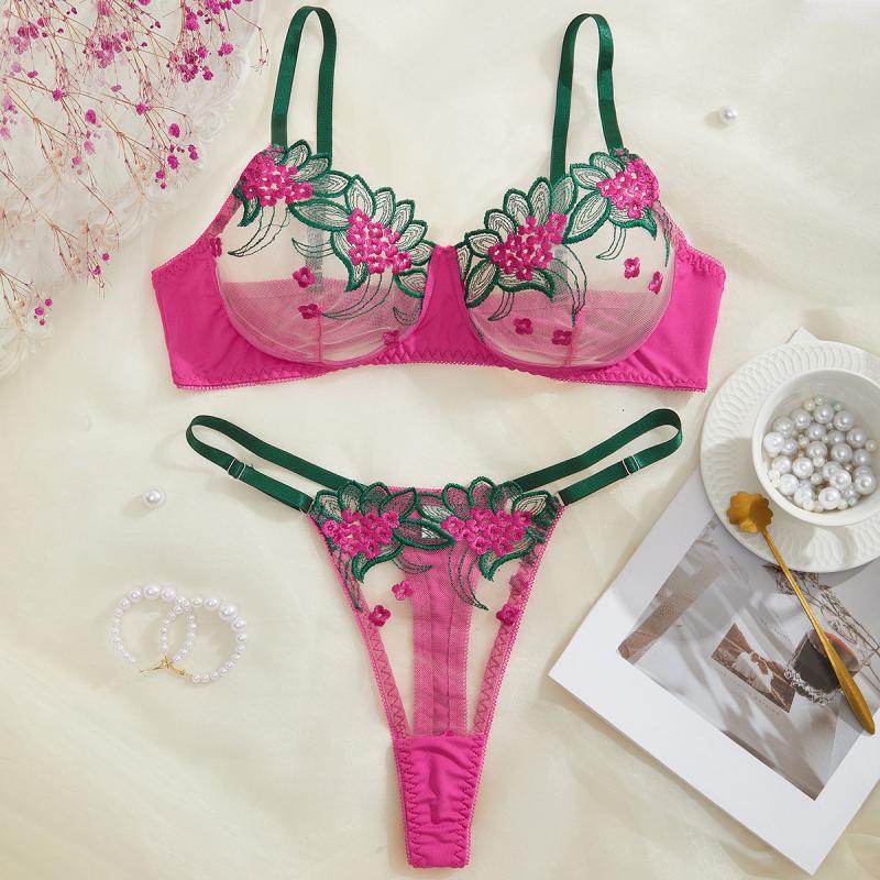 2-Piece Plus Size Naughty Lingerie Set - Sexy Floral Embroidered Sheer Mesh Bra and Thong Costume for Women